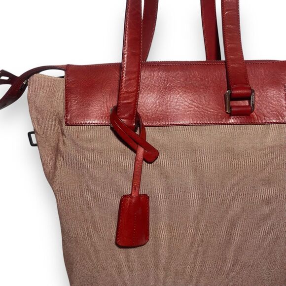 Jil Sander Shoulder Bag Red Leather & Canvas Tote Leather Lining w Keys No Lock - Picture 3 of 15